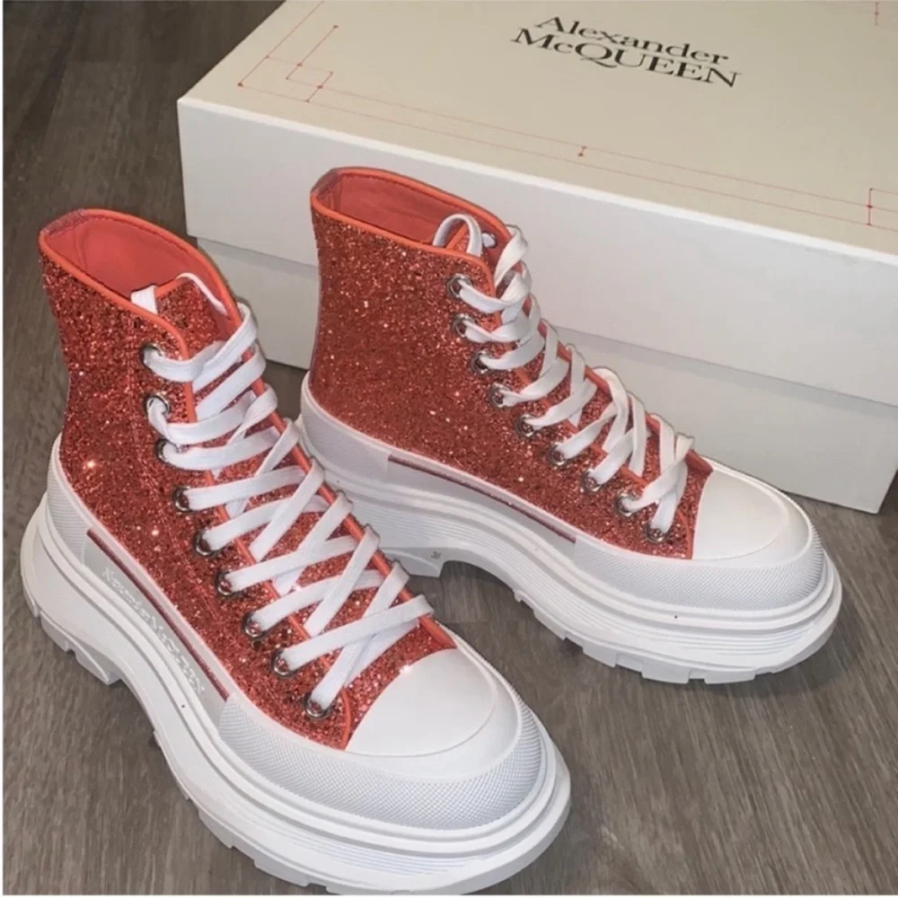 Alexander McQueen pink/coral Glitter Platform High-Top Sneakers